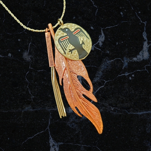 Native Am Thunderbird/Feather/Whip Charm Necklace - Picture 2 of 16